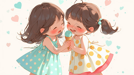 两个穿波点连衣裙的可爱卡通小女孩在一起吃冰激凌图片