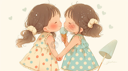 两个穿波点连衣裙的卡通小女孩在一起吃一个冰激凌图片
