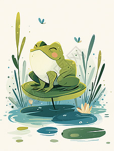 在荷叶上蹲着一只卡通小青蛙图片