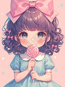 戴着大大的粉色蝴蝶结在吃棒棒糖的可爱卡通小女孩图片