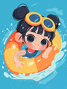 套着游泳圈在泳池里开心游泳的卡通小女孩图片
