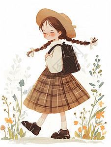 水彩风背书包开心上学的可爱卡通小女孩图片