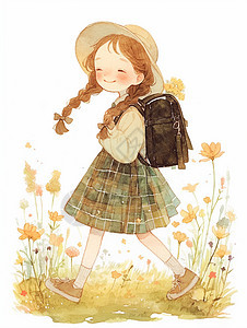 水彩风背书包开心上学的可爱卡通女孩图片