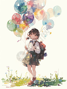 手拿着很多彩色气球的可爱卡通女孩背着书包图片