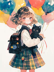 拿着很多彩色气球的可爱卡通女孩背着书包图片