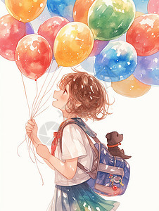 手拿着很多彩色气球的可爱女孩背着书包图片