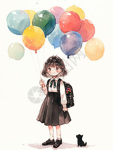 拿着很多彩色气球的卡通女孩背着书包图片