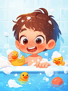 卡通小男孩在浴室泡澡图片