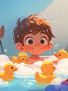 可爱的卡通男孩在浴室泡澡图片