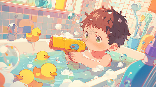 在浴室里一边泡澡一边玩水枪的可爱卡通小男孩图片
