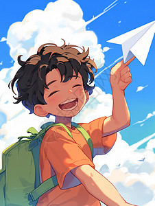 穿橙色T恤玩纸飞机背着书包的卡通小男孩图片