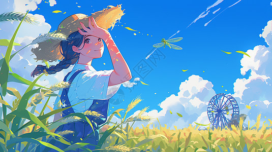 头上戴着草帽在麦子地中眺望远方的卡通女孩图片