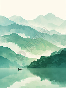 唯美绿色青山间湖泊中一艘小船图片