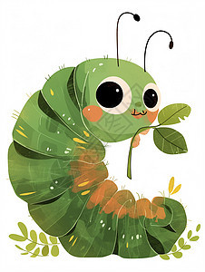 绿色调可爱的卡通小虫子与一枚小小的树叶图片