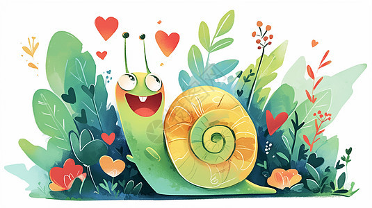 一只在草丛中的可爱卡通小蜗牛图片