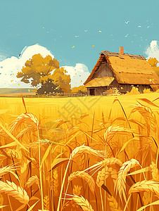 金黄色的麦子地中一座卡通草屋图片