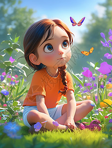 身穿橙色上衣坐在花园中玩耍的卡通女孩图片