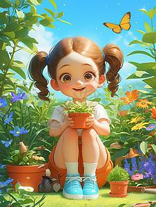 花园中抱着一盆花开心笑的卡通小女孩图片