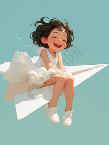 坐在纸飞机上开心笑的卷发卡通小女孩图片