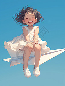 在纸飞机上开心笑的卷发卡通小女孩图片