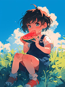 夏天坐在地边开心吃西瓜的卡通短发女孩图片