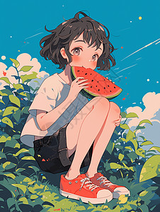 坐在地边开心吃西瓜的卡通短发小女孩图片
