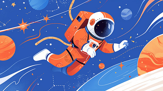 穿太空服在太空中遨游的卡通宇航员图片