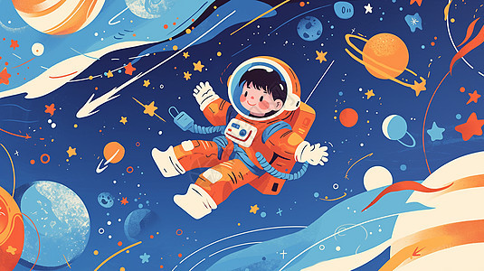 身穿太空服在太空中的卡通宇航员图片