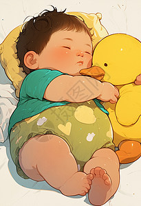 抱着小黄鸭睡觉的卡通小胖孩图片