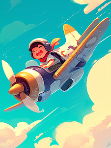 一个卡通小男孩坐在飞机上在空翱翔卡通插画图片