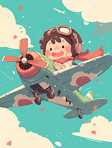 一个小男孩坐在飞机上在空翱翔卡通插画图片