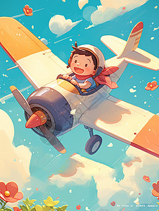 一个可爱的卡通小男孩坐在飞机上在空翱翔卡通插画图片