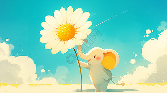 拿着一大朵小花的可爱卡通小象图片
