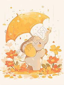 打着黄色雨伞的卡通小象在雨中玩耍图片
