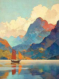 彩色梦幻唯美的卡通山川一艘小船在湖面上安静的航行图片