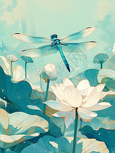 一个大大的卡通蜻蜓在盛开着荷花的荷塘中飞图片