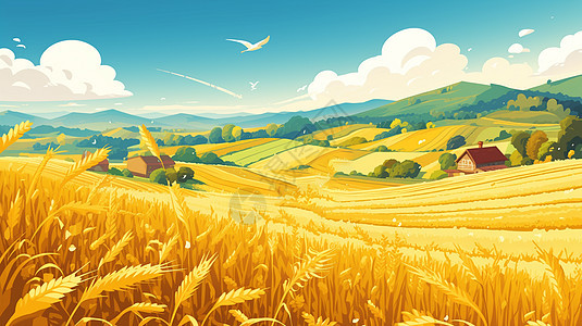 一大片金黄色美丽的卡通麦子地图片