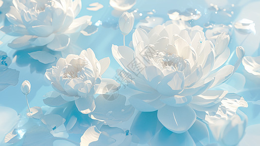 淡蓝色调盛开唯美的卡通白莲花图片