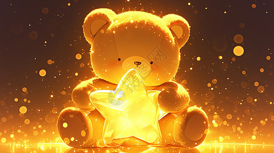 夜晚一只可爱的玩偶小熊抱着发光的星星图片