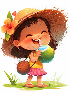 戴草帽开心喝椰汁的卡通女孩图片
