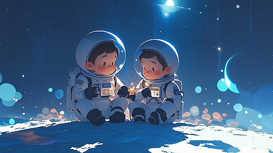 月亮上的两个穿着宇航服的卡通宇航员图片