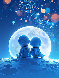 坐在梦幻星球上欣赏月亮的卡通宇航员图片