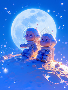 梦幻星球上欣赏月亮的卡通宇航员图片