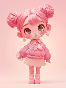 粉色头发梳着丸子头的可爱卡通女孩图片
