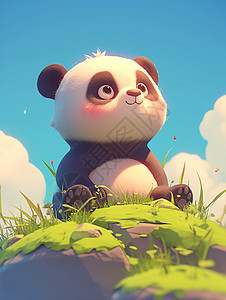 在草丛中玩耍的可爱卡通大熊猫图片