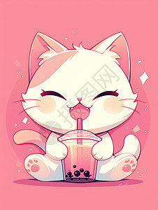 开心喝奶茶的可爱卡通小猫图片