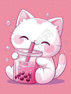 开心喝奶茶的可爱卡通猫图片
