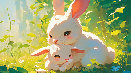 绿色草丛中两只可爱的小兔子图片