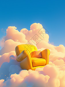 梦幻唯美的天空中一把黄色卡通沙发图片