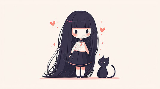 黑色长发可爱的卡通与她的宠物猫图片